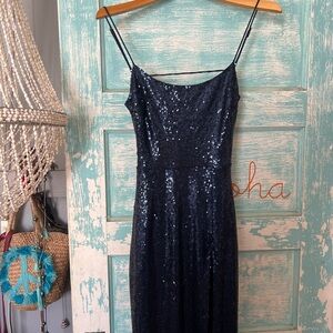 Lucy in the Sky Sparkling Midnight navy Blue maxi Dress party ready EUC sequined